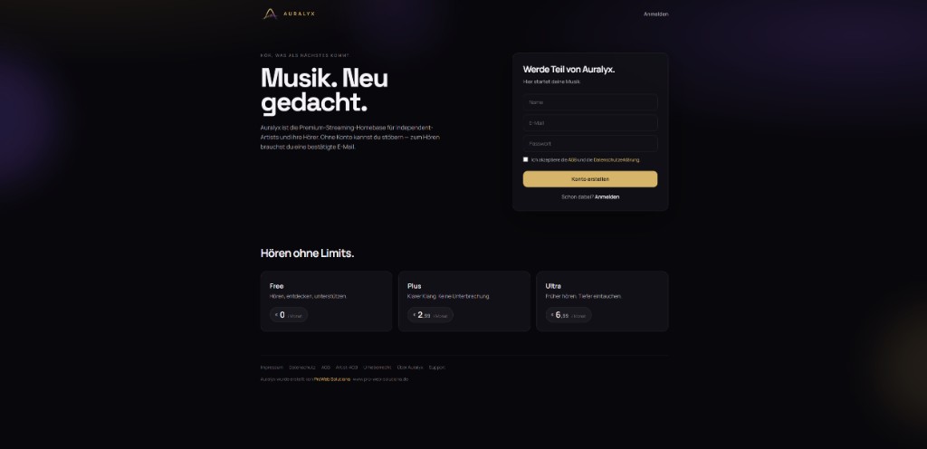 Screenshot der Musik-Streaming-Plattform Auralyx